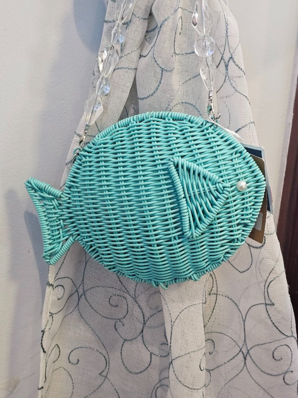 Tommy Bahama Woven Wicker Fish Aqua Teal Handbag / Crossbody Bag